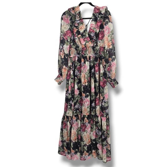 Raisonnel Floral Print Long Sleeve Maxi Dress Ruffle V-Neck Size Large - Picture 1 of 11